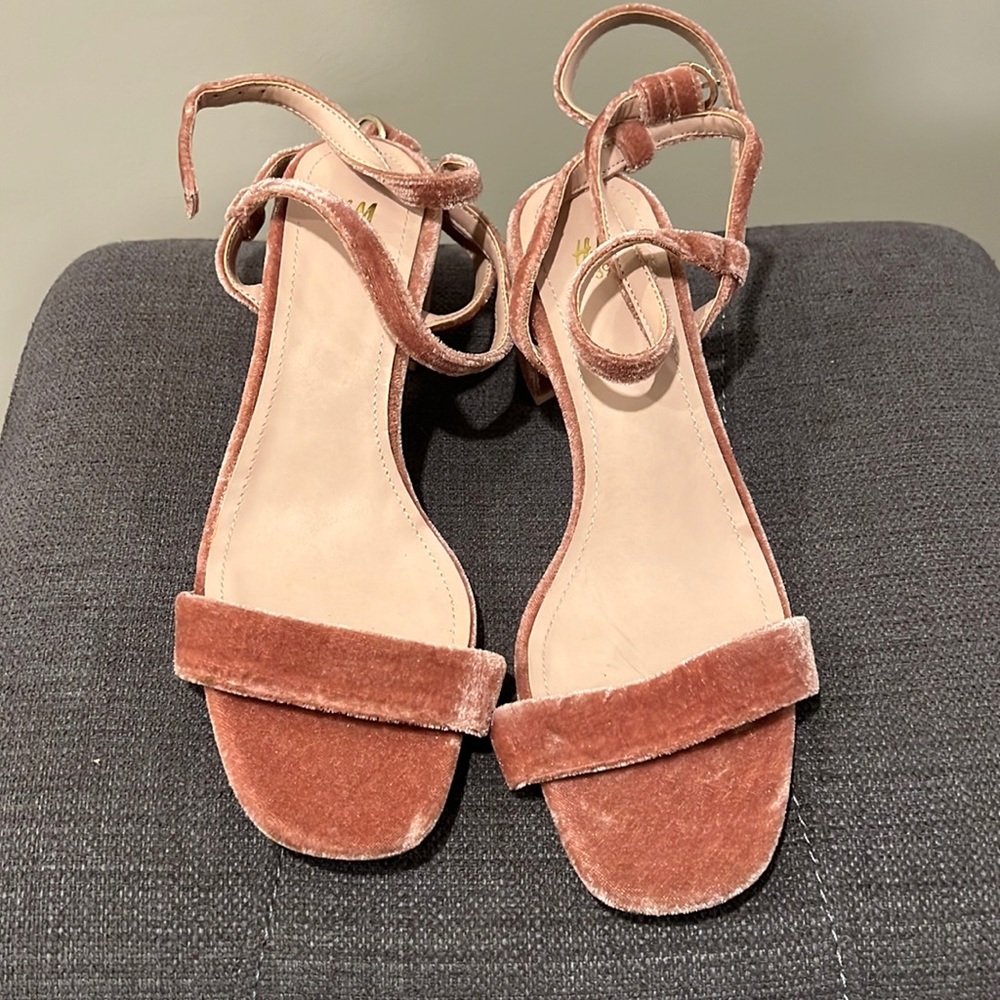 Peach velvet one inch strap heel